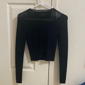 Elegant Black Cropped Long Sleeve Women's Top Partially Sheer